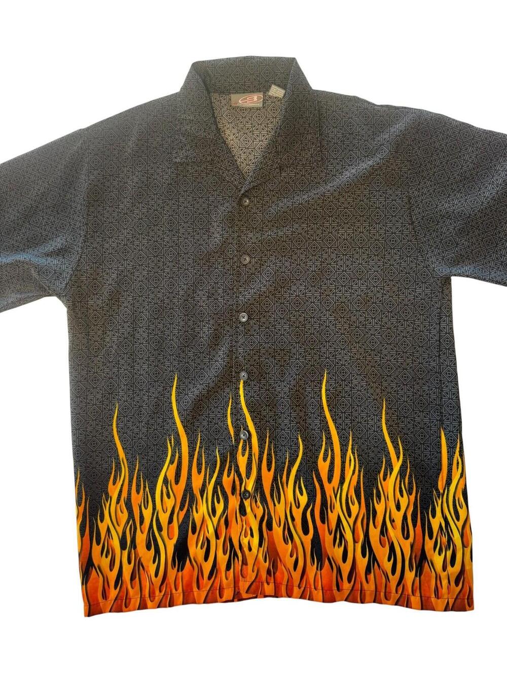 Breakdown Flame Shirt Mens XL Black Orange Hot Rod Bowling Y2K Button Up